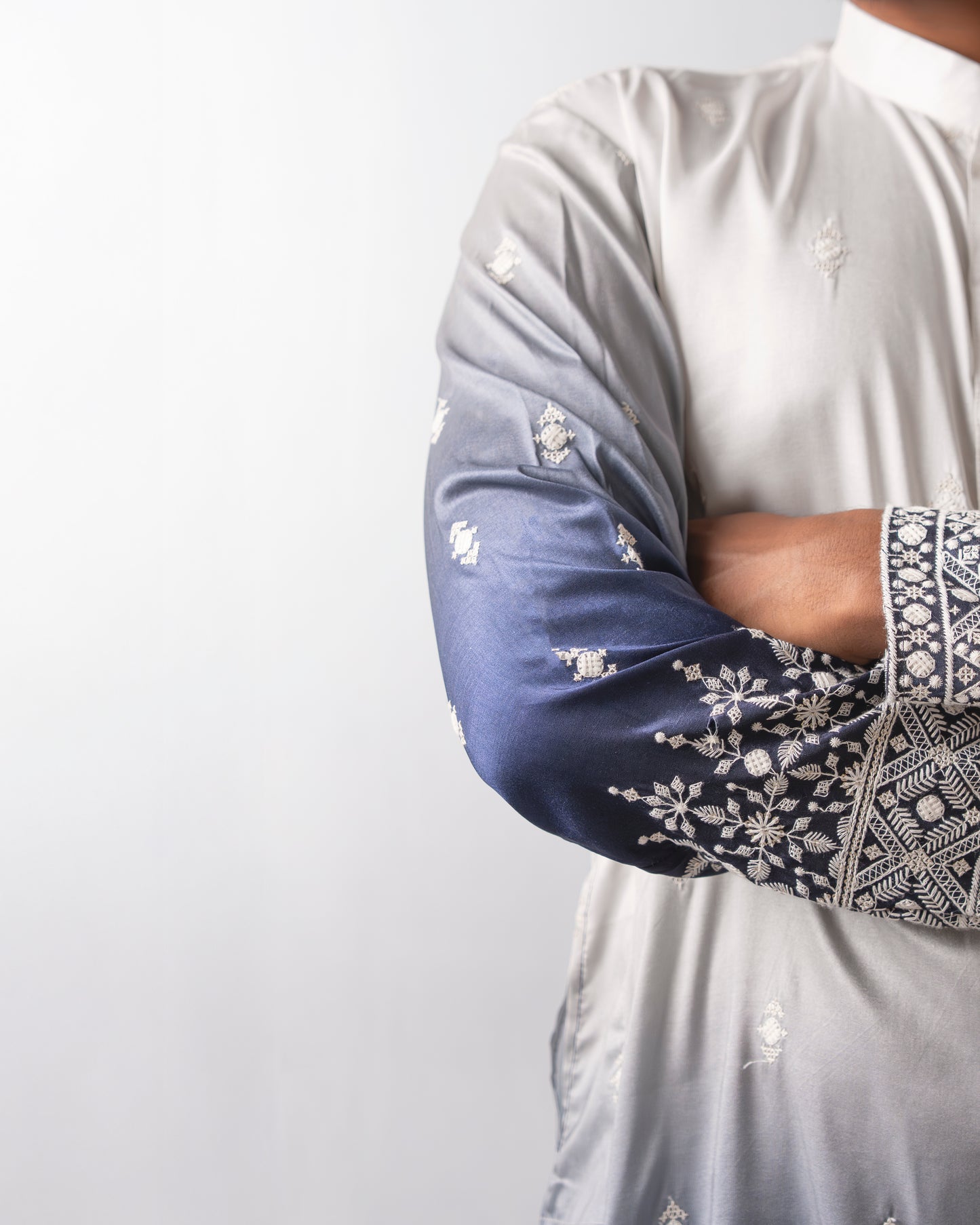 Ivory-to-Sapphire Ombre Kurta with Silver Embroidered Detailing | Kurta Set