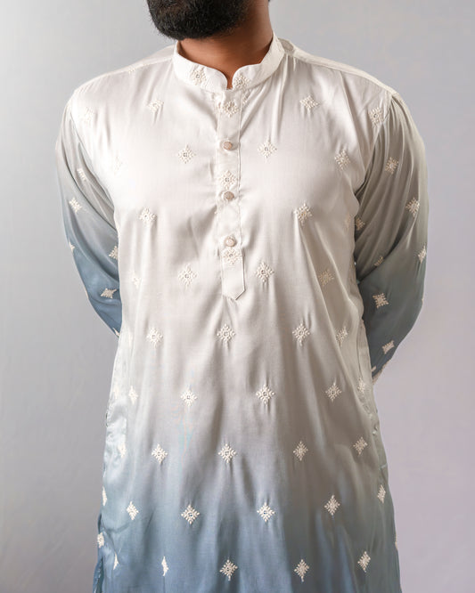 Ivory-to-Cyan Ombre Kurta with White Thread Embroidery