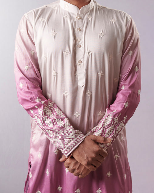 Ivory-Pink Ombre kurta with White Thread Embroidery