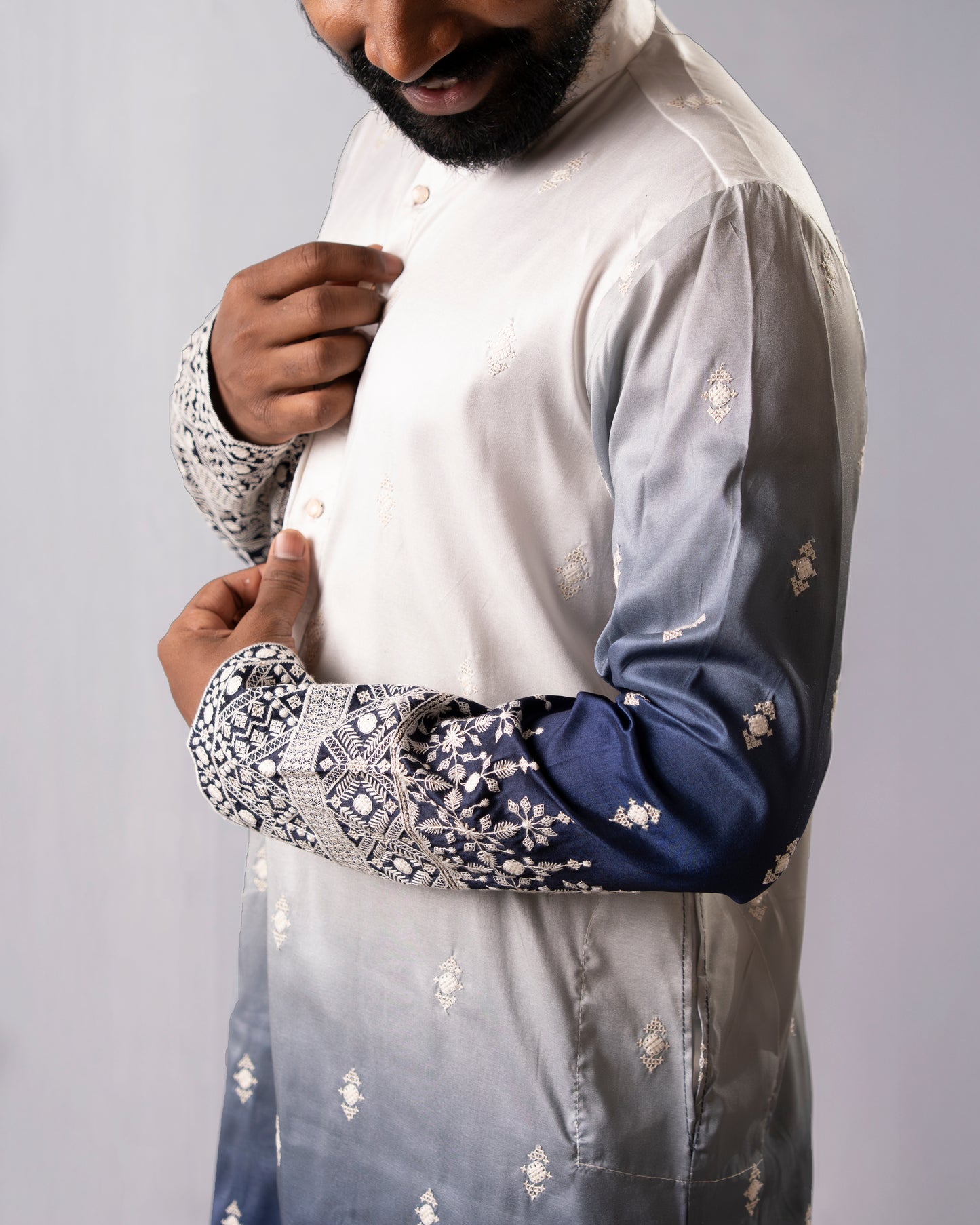 Ivory-to-Sapphire Ombre Kurta with Silver Embroidered Detailing | Kurta Set