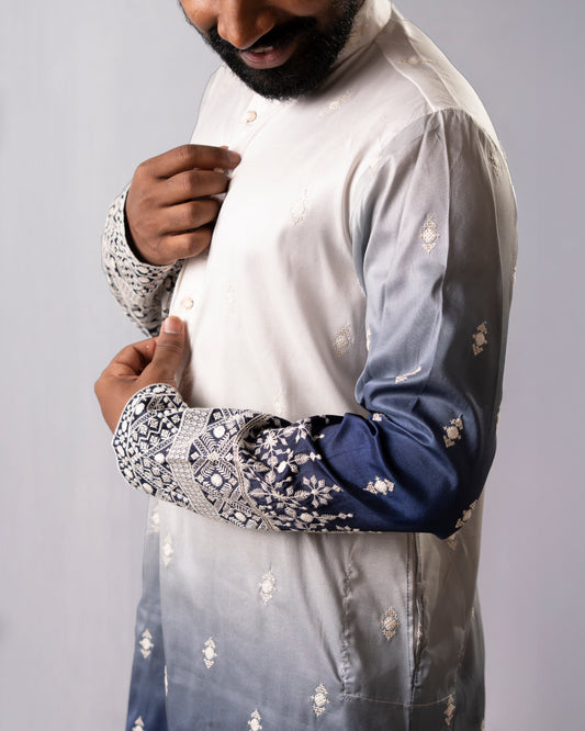 Ivory-to-Sapphire Ombre Kurta with Silver Embroidered Detailing | Kurta Set