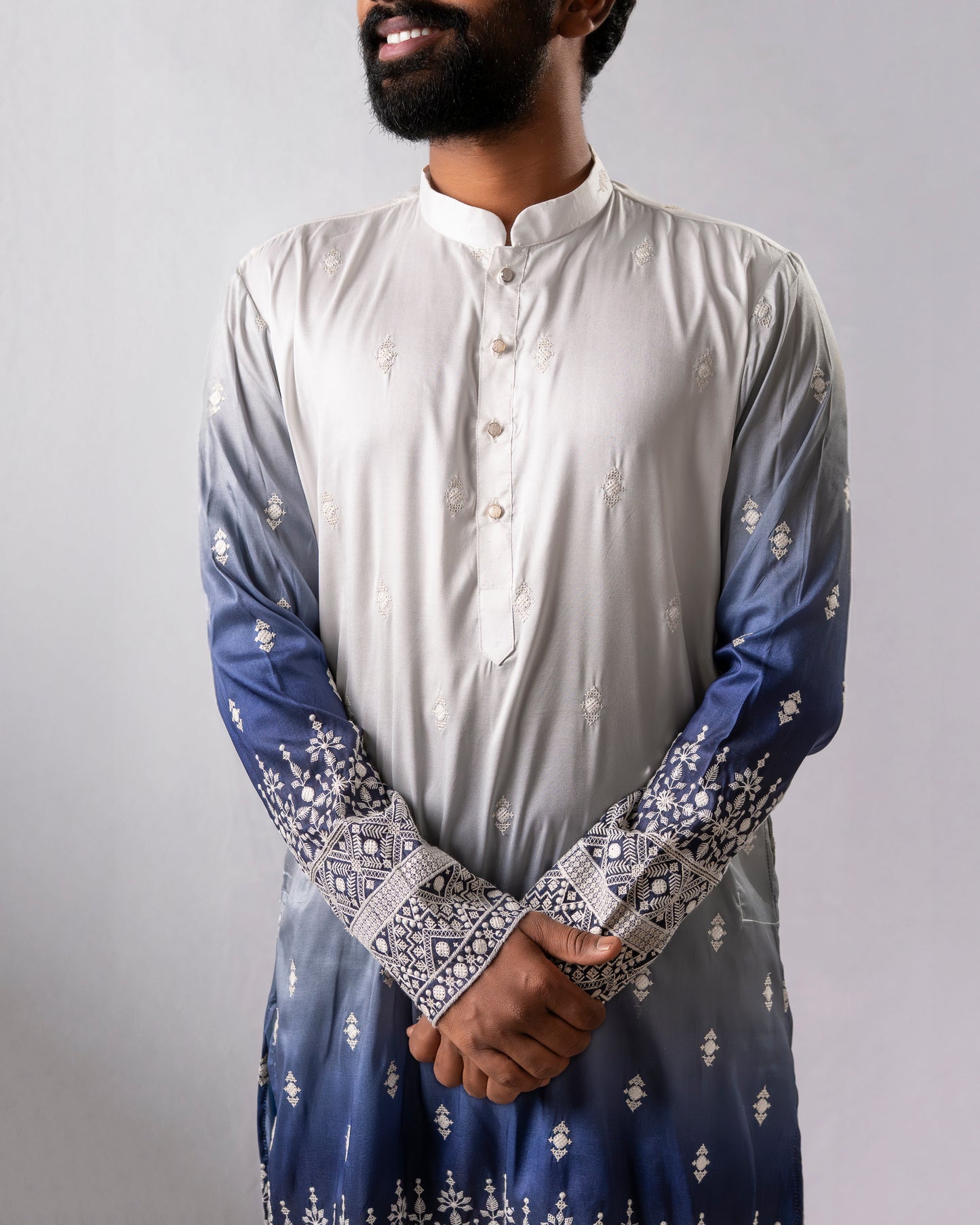 Ivory-to-Sapphire Ombre Kurta with Silver Embroidered Detailing | Kurta Set