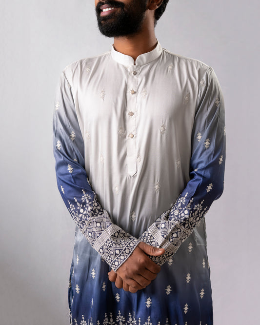 Ivory-to-Sapphire Ombre Kurta with Silver Embroidered Detailing | Kurta Set