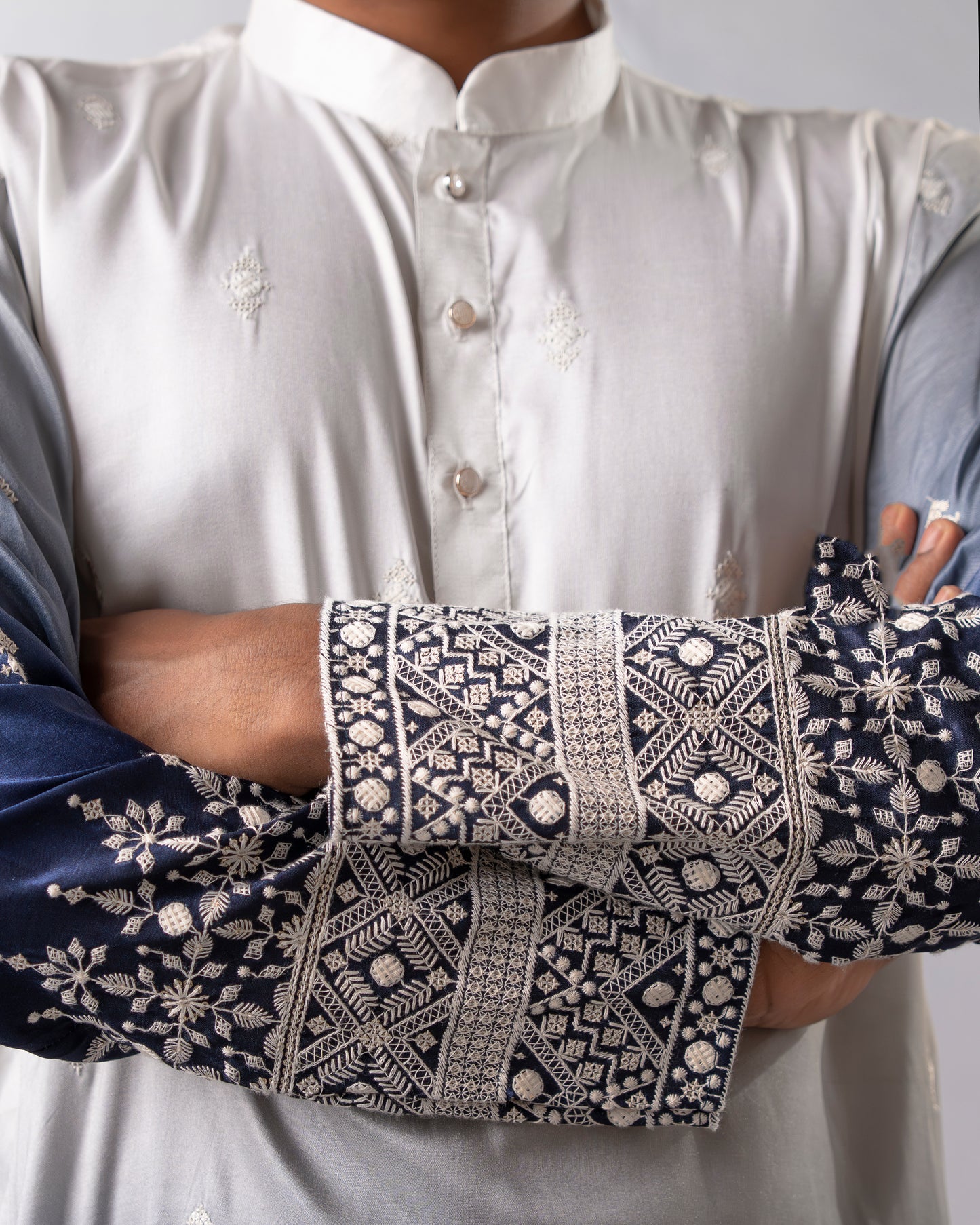 Ivory-to-Sapphire Ombre Kurta with Silver Embroidered Detailing | Kurta Set