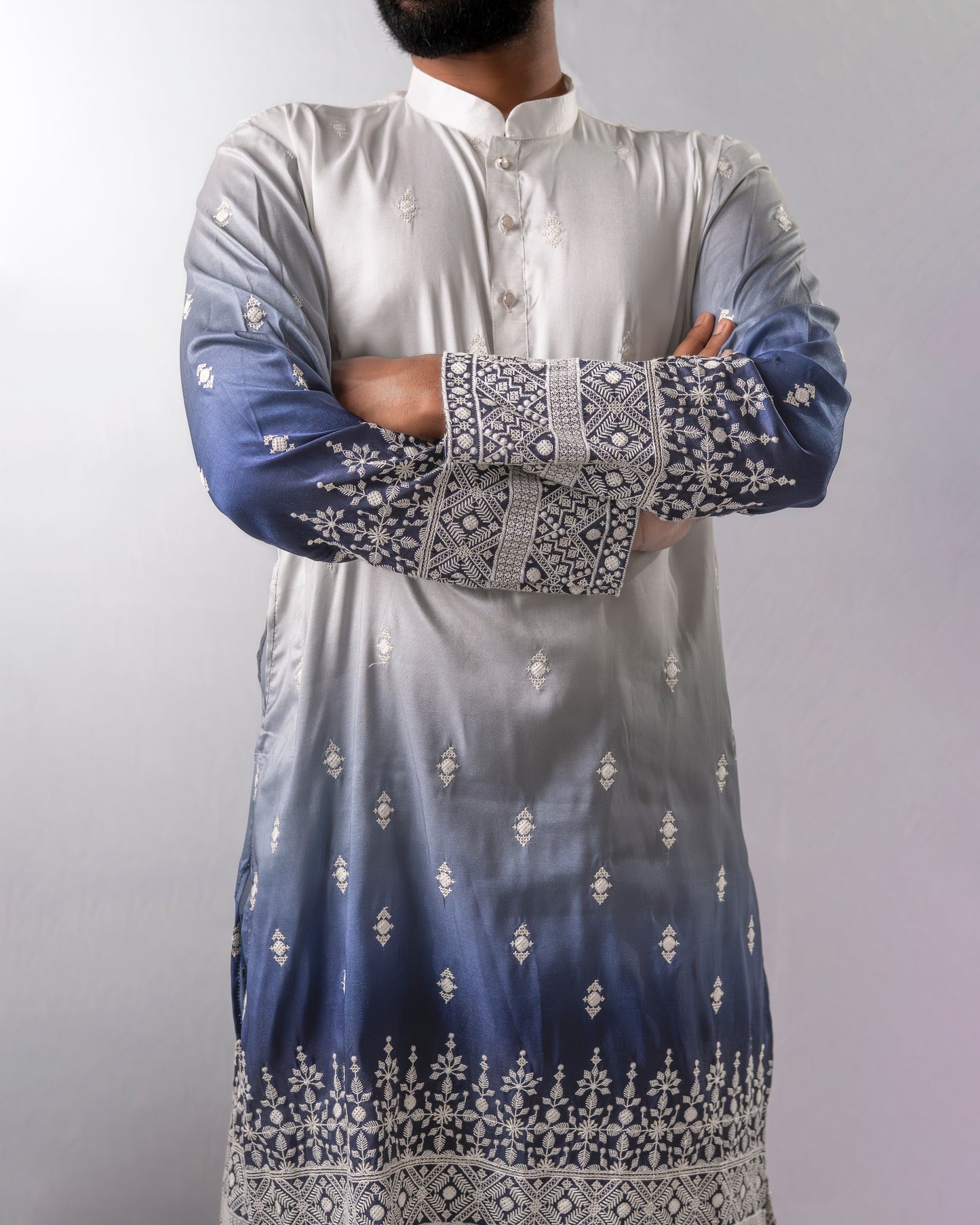 Ivory-to-Sapphire Ombre Kurta with Silver Embroidered Detailing | Kurta Set
