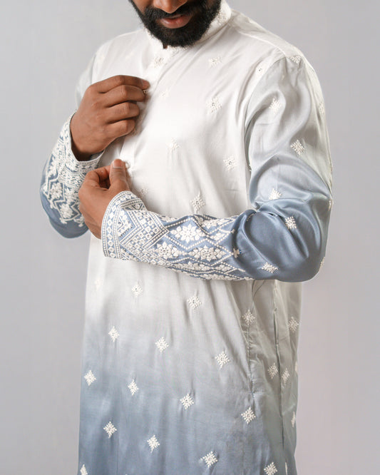 Ivory-to-Cyan Ombre Kurta with White Thread Embroidery