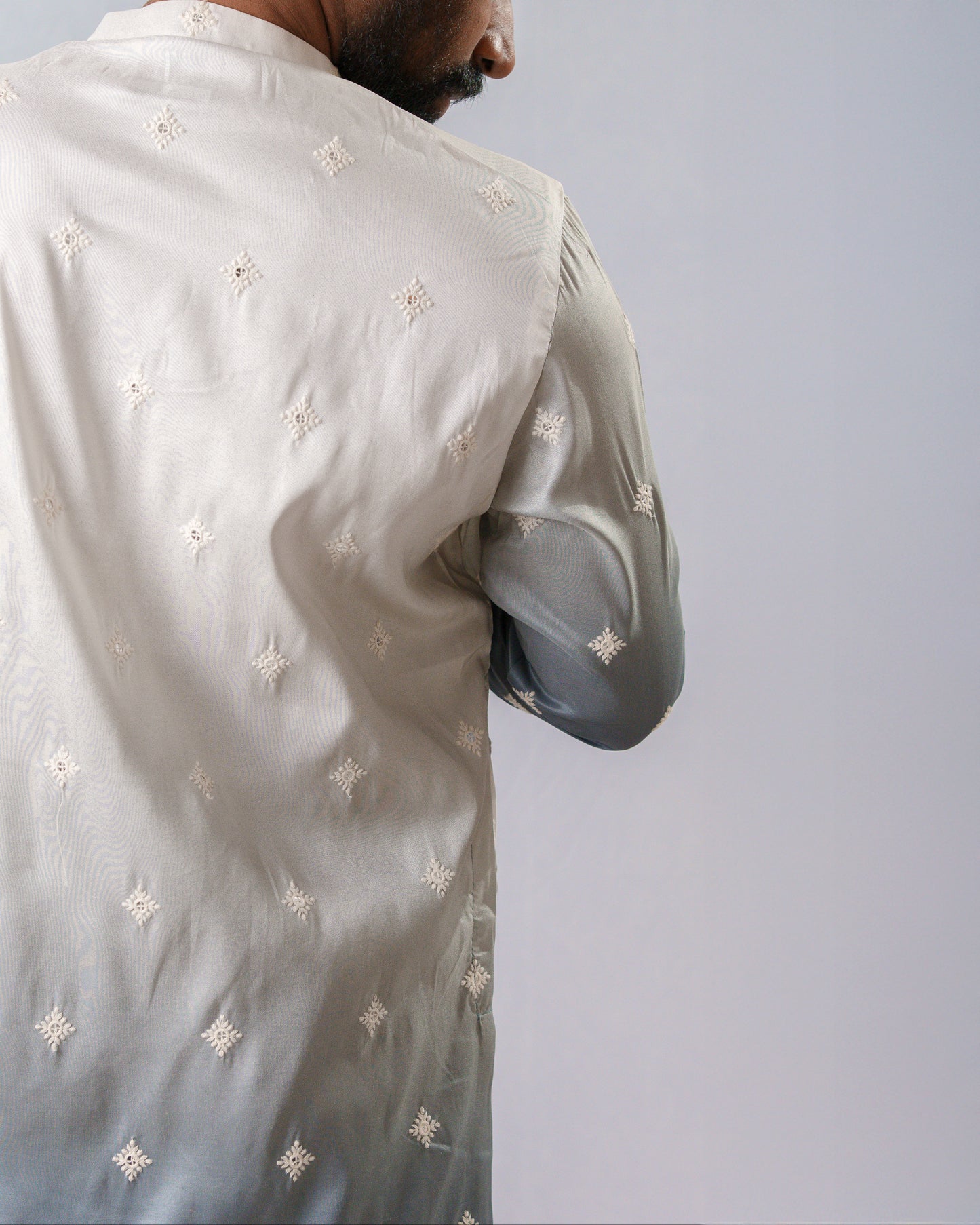 Ivory-to-Cyan Ombre Kurta with White Thread Embroidery